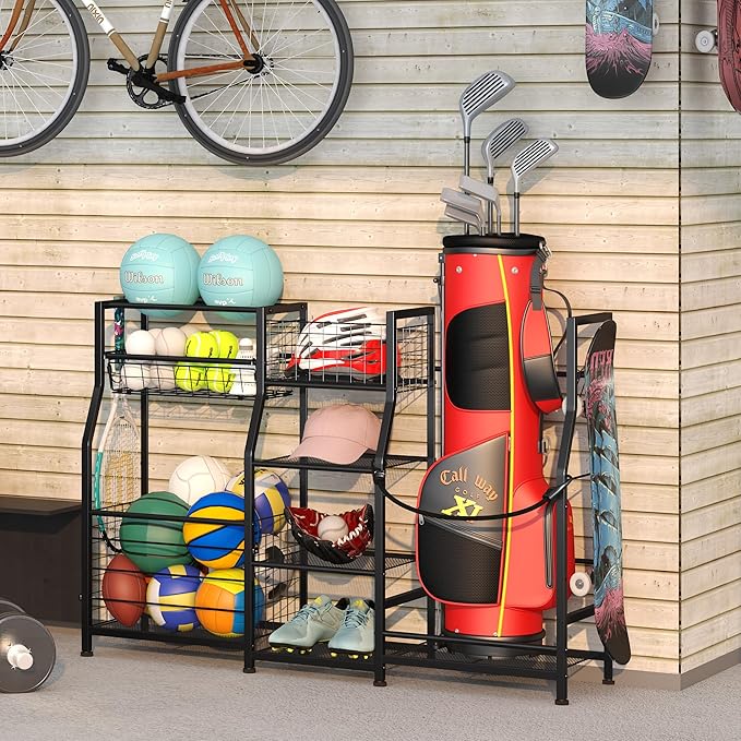 Sports Equipment Organizer Golf Bag Stand Golf Storage Organizer for Garage with Basket and Hooks, Storage Rack for 2 Golf Bag,Two Assembly Methods