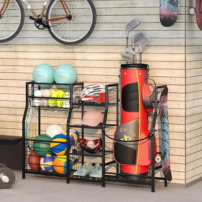 Sports Equipment Organizer Golf Bag Stand Golf Storage Organizer for Garage with Basket and Hooks, Storage Rack for 2 Golf Bag,Two Assembly Methods