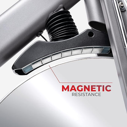 Sunny Health & Fitness Indoor Cycling Exercise Bike w/Pulse Sensors & 4-Way Adjustable Seat, Stationary Home Cardio Training Machine w/Micro-Adjustable Magnetic Resistance for Intensive Cardio Session