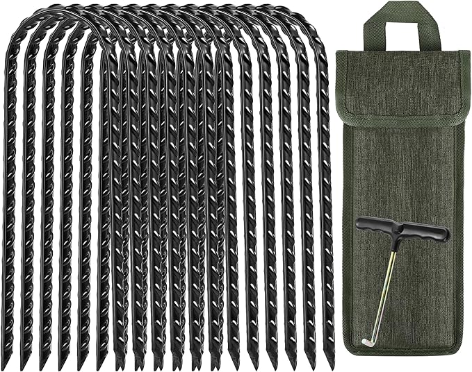 12 Pack Trampoline Stakes, 12 Inches Trampoline Wind Stakes, Heavy Duty Ground Anchors, U Shaped Rebar Ground Stake with T Hook for Security Swing Set Camping Soccer Goals(Black)