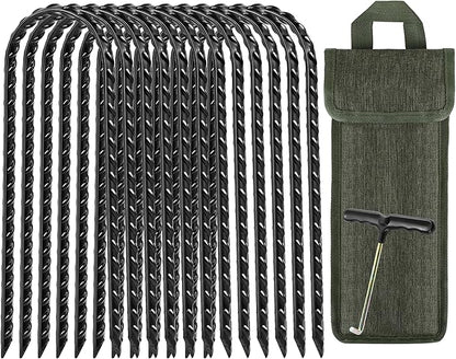 12 Pack Trampoline Stakes, 12 Inches Trampoline Wind Stakes, Heavy Duty Ground Anchors, U Shaped Rebar Ground Stake with T Hook for Security Swing Set Camping Soccer Goals(Black)