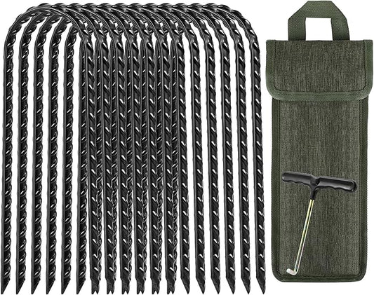 12 Pack Trampoline Stakes, 12 Inches Trampoline Wind Stakes, Heavy Duty Ground Anchors, U Shaped Rebar Ground Stake with T Hook for Security Swing Set Camping Soccer Goals(Black)