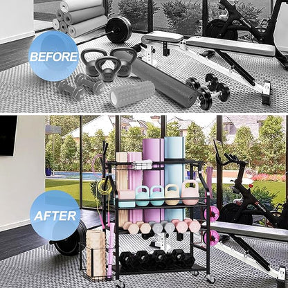 Dumbbells Rack,Weight Rack for Kettlebell, Weight Stand,Home Gym Storage Holder for Yoga Mat, Foam Roller,Yoga Strap,Resistance Bands,Garage Storage Organizer,Workout Storage with Wheels