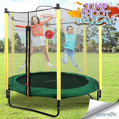SereneLife 5FT Outdoor & Indoor Trampoline for Kids – Durable Mini Toddler Trampoline with Net Enclosure & Basketball Hoop - Supports 176 lbs, 60"x76"