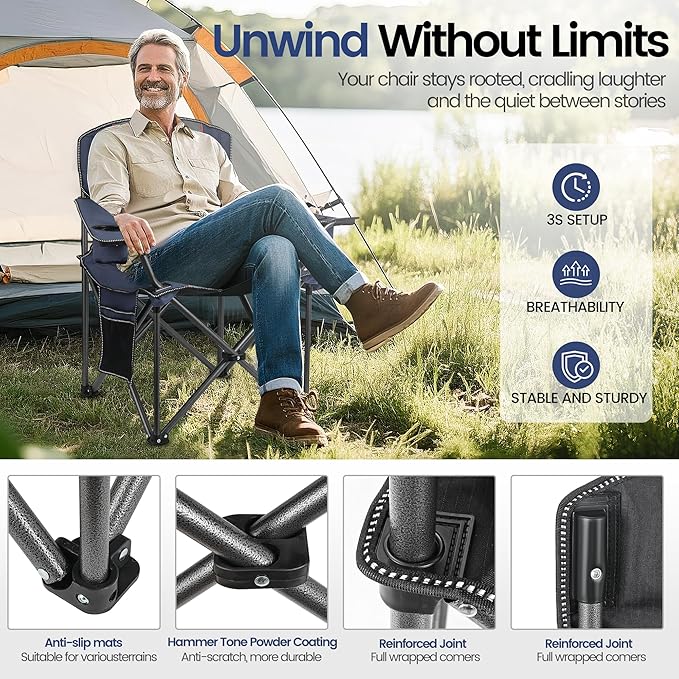 2 Pack Heavy Duty Oversized Camping Chair for Adults 400lbs w/Lumbar Support - Folding Chairs with Side Pocket, Cup Holder & Cooler Bag for Beach, Fishing, Lawn, Backyard Navy Blue