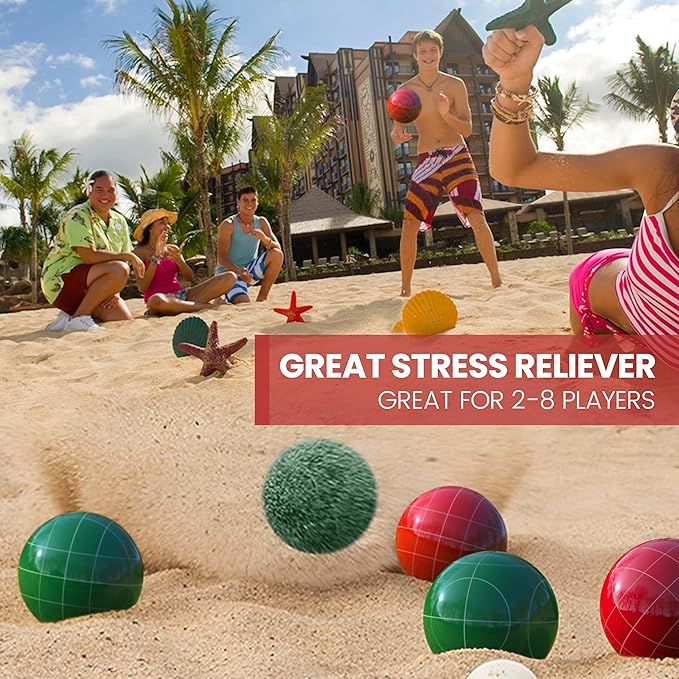 100mm Bocce Ball Set Regulation Size and Weight for Lawn, Beach Bocci Game for 2-8 Players (Red and Green)