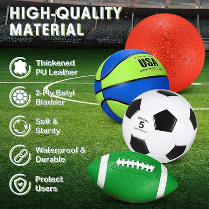 Lenwen 4 Pcs Sports Balls Set, Include Official Size Basketball Soccer Football Playground Ball Pump Equipment Bag for Teen Adult Gift Operation Christmas Ball Gifts