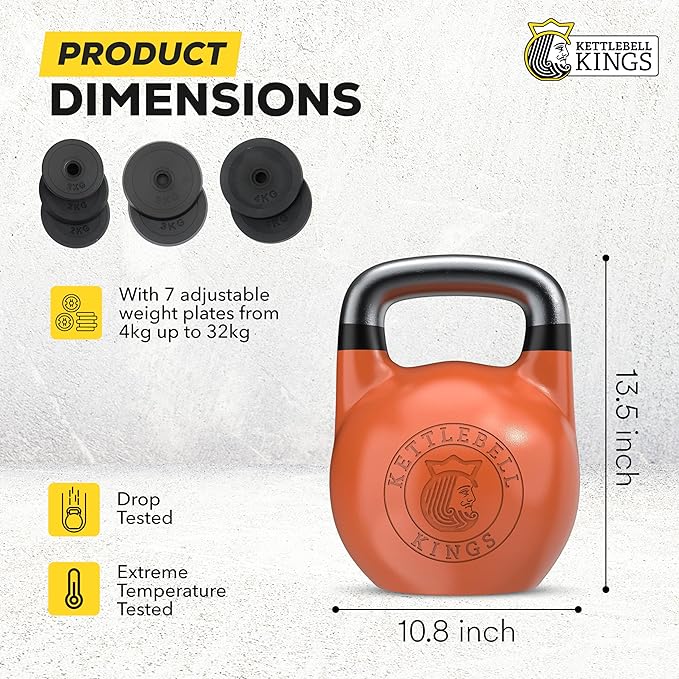 Kettlebell Kings Competition Kettlebells Weight (33mm handle) 4-32 KG | Hand weights Workout Gym Equipment & Strength training sets for Women & Men | Weights set for Home Gym