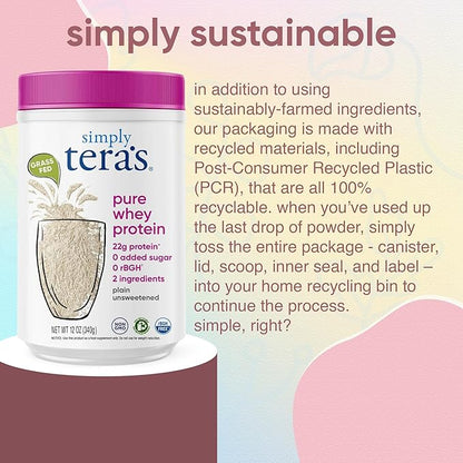 Simply tera's Pure Whey Protein Powder - Grass Fed Whey Protein Powder, Clean & Natural, Unflavored, Non-GMO, Kosher, Unsweetened - 12 Oz