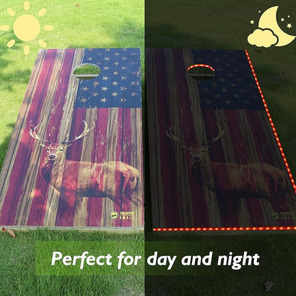 LED Cornhole Board Set 4FTx2FT Solid Wood Regulation Size Cornhole Set with LED Lights Includes 8 Cornhole Bags for Adults (USA Flag & Deer, 4'x2')