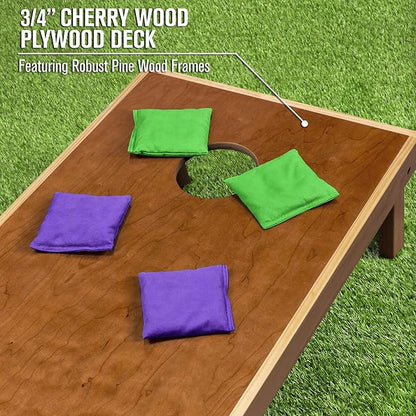 GoSports 4 ft x 2 ft Commercial Grade Cornhole Boards Set - Natural Wood Cornhole Boards, Choose from Different Bean Bag Color Combinations - Purple & Bright Green