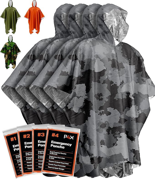 PREPARED4X Emergency Poncho and Mylar Blanket Liner - Waterproof, Wind-Resistant Outdoor Rain