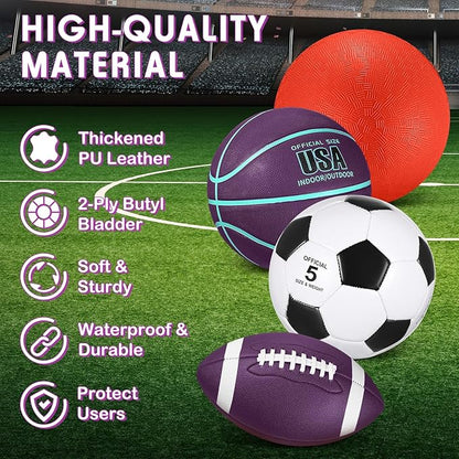 Lenwen 4 Pcs Sports Balls Set, Include Official Size Basketball Soccer Football Playground Ball Pump Equipment Bag for Teen Adult Gift Operation Christmas Ball Gifts