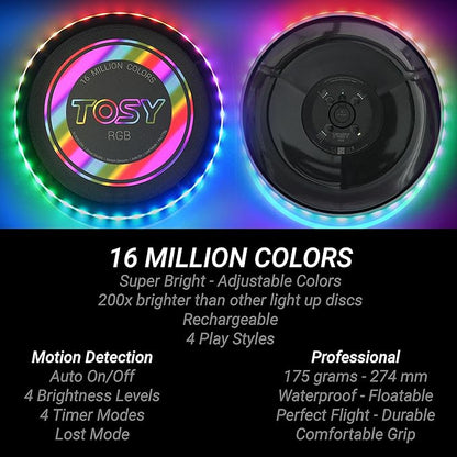 TOSY Flying Disc - 16 Million Colors RGB or 36 LEDs, Extremely Bright, Smart Modes, Camping Essentials for Teens/Kids/Adults/Men/Boys/Girls, Auto Light Up, Rechargeable, Waterproof, 175g