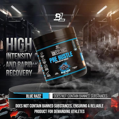 BLACKLABEL Supplements PRE Hustle V3 Pre-Workout Powder ??NSF Certified for Sport ??Energy, Strength & Endurance Support ??Blue Razz ??with Creatine & Caffeine ??30 Servings