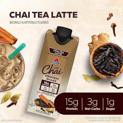Atkins Chai Tea Latte Flavored Protein Shake, High Protein Shake, Low Glycemic, Low Carb, Low Sugar, Keto Friendly, Gluten Free, 12 count (3 sets of 4)