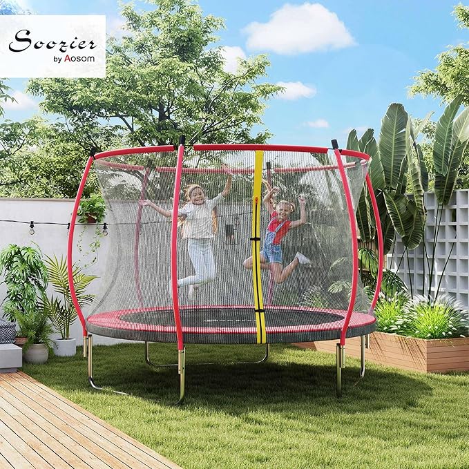 Soozier Trampoline Outdoor, Recreational Trampoline with Net Enclosure, Curved Poles and Safety Spring Cover for Kid Adults, ASTM Approved
