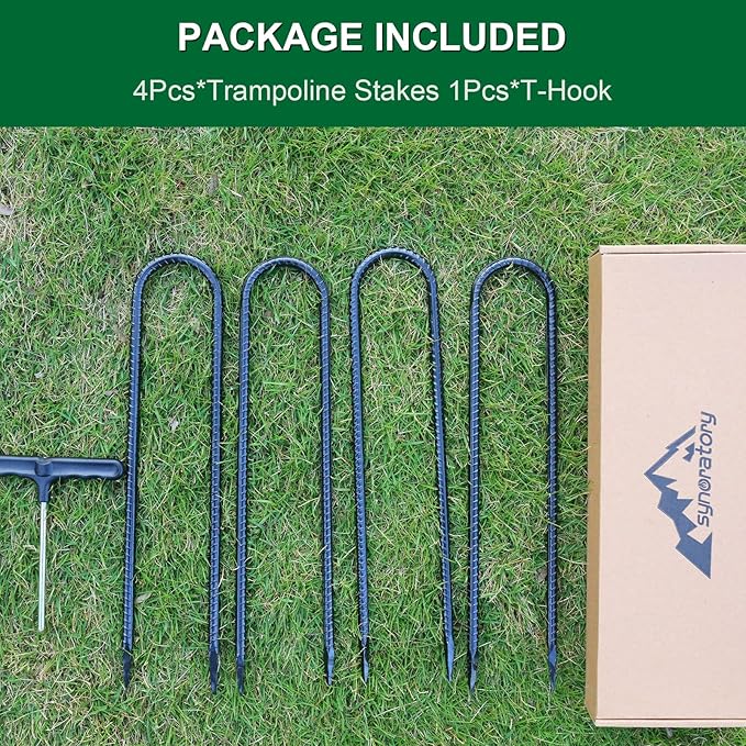 Trampoline Stakes Anchors High Wind Heavy Duty 12inch U Type Safety Trampoline Wind Stakes Galvanized Steel (4Pcs, Black)