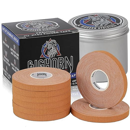 Bighorn Athletics Pro Series Jiu-Jitsu Finger Tape, 8-Rolls with Tin Holder, Enhanced Strength, Residue-Free (0.3-Inch, Nude)