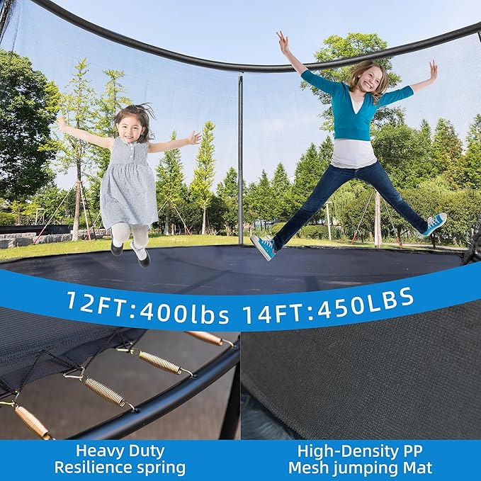 Trampoline 12FT 14FT Enclosure Net Outdoor Jump for Kids and Adults Round ASTM Approved Heavy-Duty Bounce Mat with Enhanced Weight Capacity