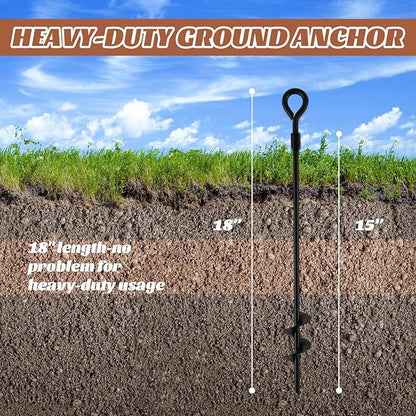 MIXXIDEA18 Inch Ground Anchors Screw in Folding Ring Spiral Metal Ground Stakes Dog Tie Out Stake Spiraling Anchor Trampoline Anchors for Tent (black-6pk)