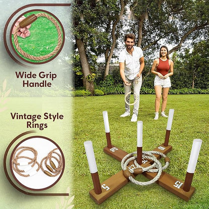 Outdoor Ring Toss Game for Adults - Perfect Lawn and Backyard Game for Adults and Family - Outdoor Yard Games for Fun Activities on Easter and Festivals - Wooden Ring Toss with Carrying Case