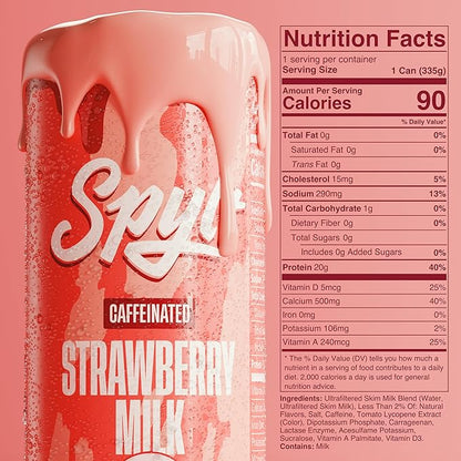 High Protein Strawberry Milk with 60mg Caffeine & 20g Protein - 90 Calories, Ready to Drink, Sugar Free, Lactose Free Milk, Perfect for Workout Recovery & Afternoon Pick Me Up - 12 Count