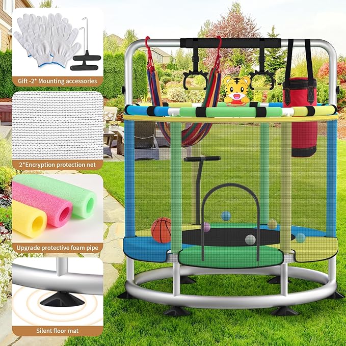 Trampoline for Kids, Adjustable Baby Toddler Trampoline with Basketball Hoop, Round Bottom Indoor Outdoor Toddler with Enclosure