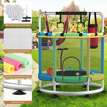 Trampoline for Kids, Adjustable Baby Toddler Trampoline with Basketball Hoop, Round Bottom Indoor Outdoor Toddler with Enclosure