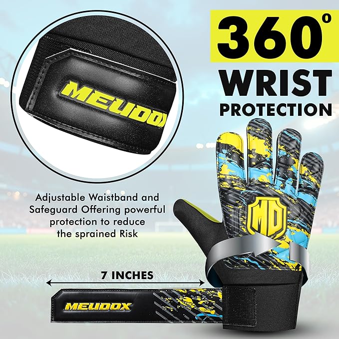 Soccer Goalkeeper Gloves, Double Wrist Protection, Anti-Slip Palm, Youth Kids Size, Black/Yellow/Blue