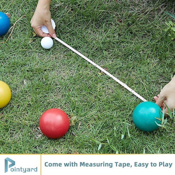 Pointyard 84mm Bocce Ball Set, Outdoor Games for Adults and Family, Backyard Ball Set with 8 PE Bocce Balls & 1 Pallino & Carry Bag & Measuring Tape for Teens Beginners
