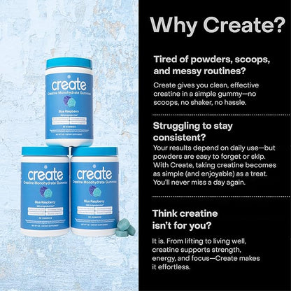 Create Creatine Monohydrate Gummies for Men & Women, Boost Focus, Strength, and Endurance, Anti-Melting Formula, Vegan, Gluten-Free, Non-GMO, 1.5g of Creatine per Gummy (Blue Raspberry, 90 ct)