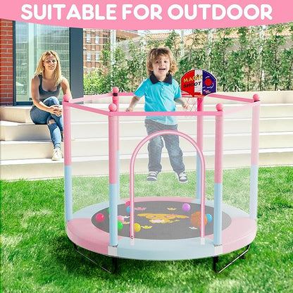 60" Trampoline for Kids, 5 FT Indoor & Outdoor Toddler Baby Trampoline with Basketball Hoop, Safety Enclosure, Birthday Gifts for Kids, Gifts for Boy and Girl, Age 3-8