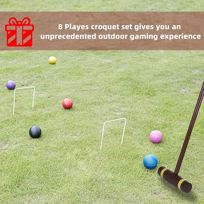 28In Croquet Party Set for 8 Players - Made of Long-Lasting Pine Wood, Family Fun for Backyards, Camping and More, Comes with Colorful Mallets, PE Balls, Wickets, Stakes, and Carrying Bag