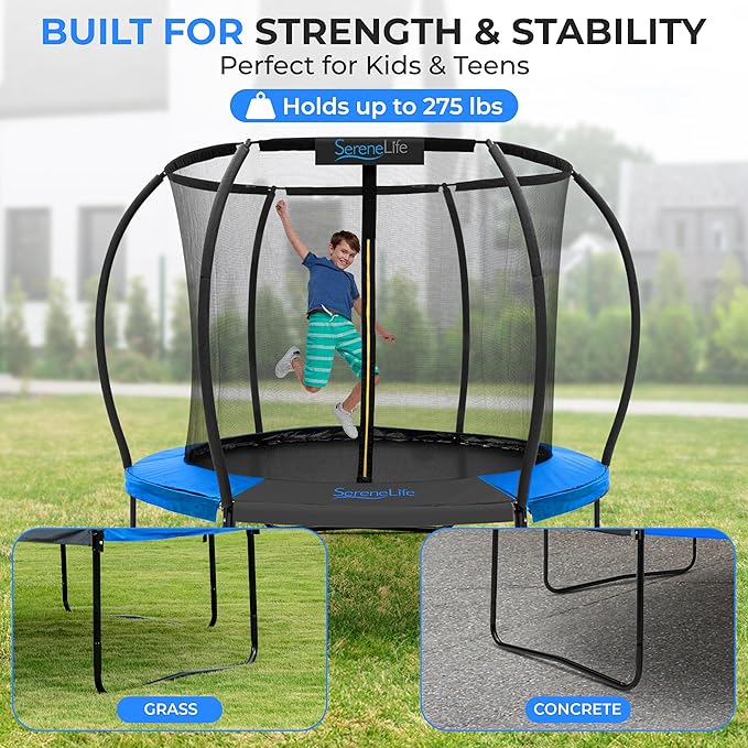 SereneLife 8FT 10FT 12FT 14FT Outdoor Trampoline for Kids and Adults – ASTM Certified Heavy-Duty Backyard Trampoline with Safety Poles, Net Enclosure, and Stable Anti-Rust Frame