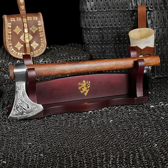 Mythrojan Medieval Sword Stand Solid Wood Horizontal Display Rack for Katana, Samurai, Gladiator, Crusader Swords Elegant Tabletop Holder, 1-Tier - Dark Brown