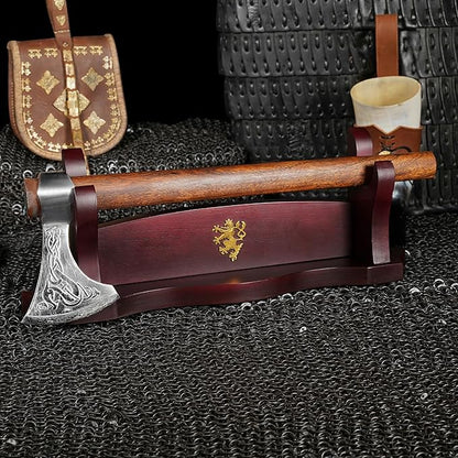 Mythrojan Medieval Sword Stand Solid Wood Horizontal Display Rack for Katana, Samurai, Gladiator, Crusader Swords Elegant Tabletop Holder, 1-Tier - Dark Brown