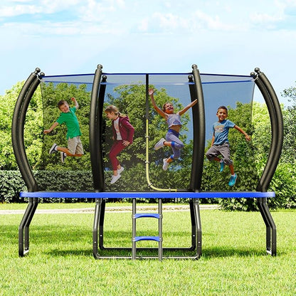 8FT 10FT 12FT 14FT 16FT Trampoline with Pop-up Quick Connector and Basketball Hoop, Trampoline Outdoor with Enclosure, Ladder, ASTM Approval for Kids and Adults