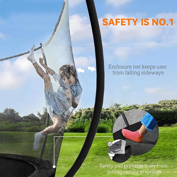 Soozier Trampoline Outdoor, Recreational Trampoline with Net Enclosure, Curved Poles and Safety Spring Cover for Kid Adults, ASTM Approved