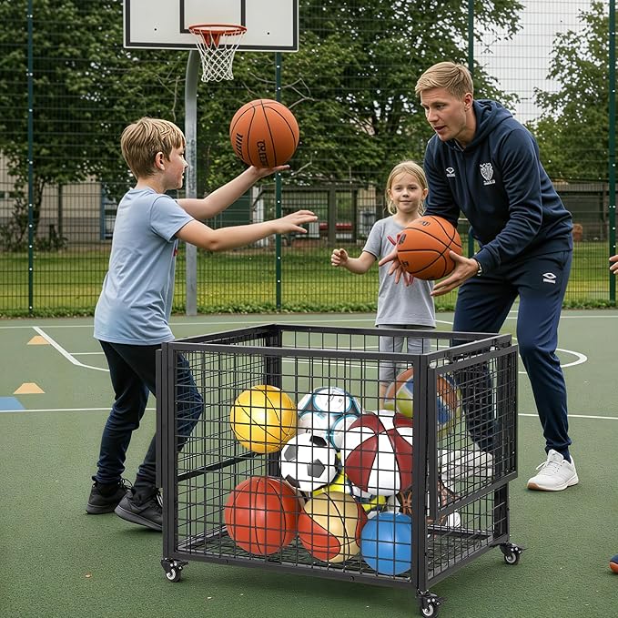 AECOJOY Ball Cart Storage, Rolling Basketball Bin with Wheels for Garage, School, Gym, Sports Equipment and Toy Organizer, Indoor & Outdoor