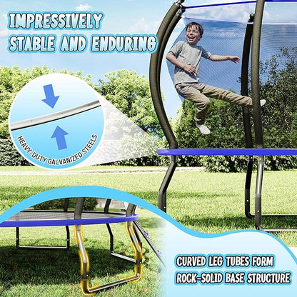 8FT 10FT 12FT 14FT 16FT Trampoline with Pop-up Quick Connector and Basketball Hoop, Trampoline Outdoor with Enclosure, Ladder, ASTM Approval for Kids and Adults