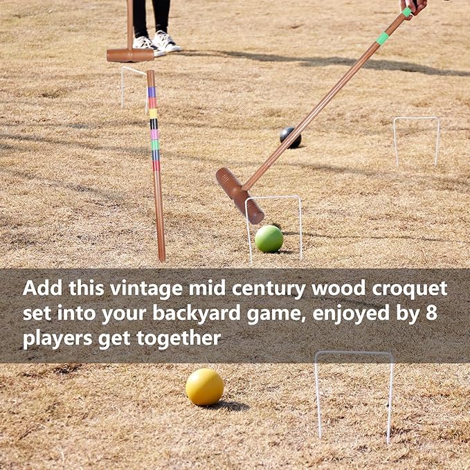 Brown Croquet Set for Adults - 8 Players Croquette Kit with 35In Deluxe, 32In Regulation Size Rubber Wood Mallets, Colored PE Ball, Wickets, End Stakes, Lawn Backyard Game for Families