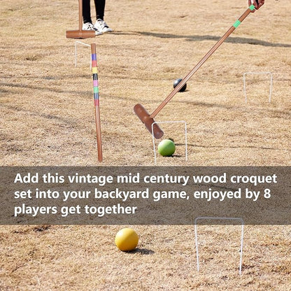 Brown Croquet Set for Adults - 8 Players Croquette Kit with 35In Deluxe, 32In Regulation Size Rubber Wood Mallets, Colored PE Ball, Wickets, End Stakes, Lawn Backyard Game for Families