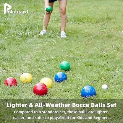 Pointyard 90mm Bocce Ball Set with 8 PE Balls, 1 Pallino, Carrying Bag, Measuring Tape - Family Game for Outdoor/Lawn/Beach/Park