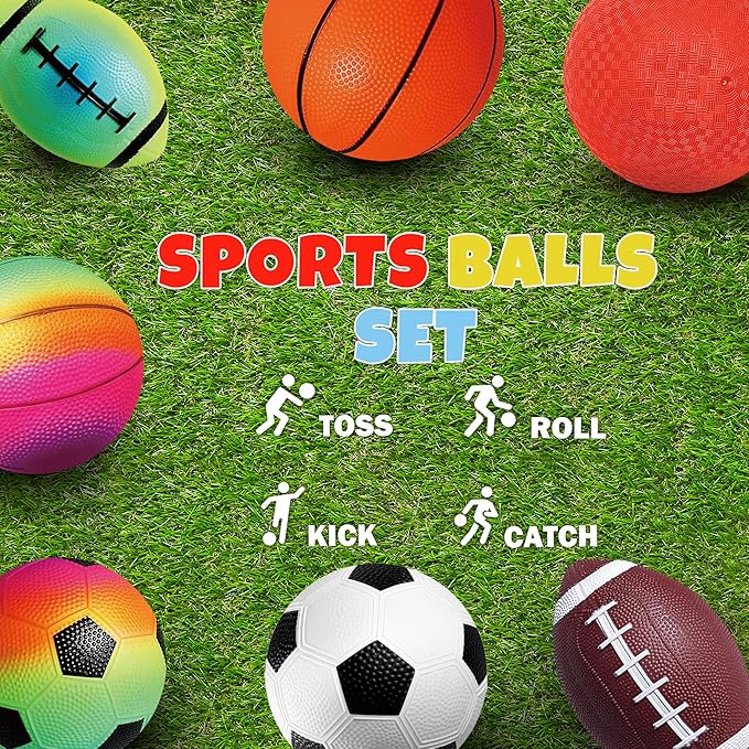 8.5 Inch Sports Balls Set 7 Pack,Playground Balls for Kids&Adults, Includes Soccer Ball, Basketball, and Football,Rainbow Ball for Outdoor & Indoor Games, Boys and Girls Gift with Gift Box
