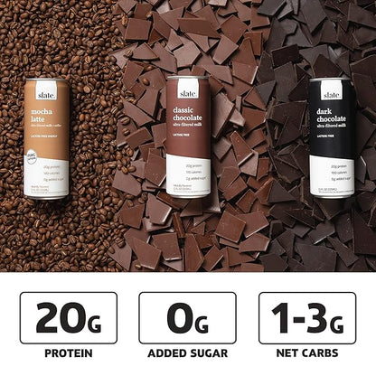Slate Milk - High Protein Milk Shake - Chocolate Variety Pack - Chocolate, Dark Chocolate, Mocha Latte - Lactose Free, 20g Protein, 1g Sugar, 100-110 Calories, 1-3g Net Carbs - 11 fl oz, 12 Cans