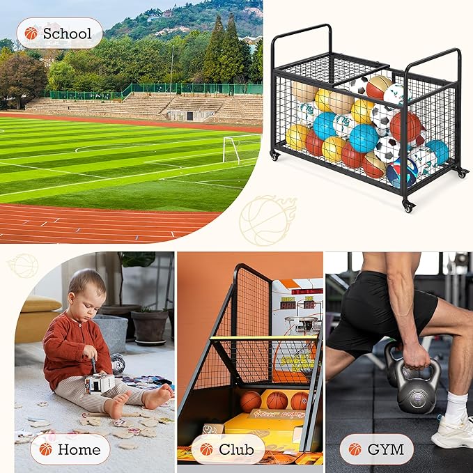 AECOJOY Ball Cart Storage, Rolling Basketball Bin with Wheels for Garage, School, Gym, Sports Equipment and Toy Organizer, Indoor & Outdoor