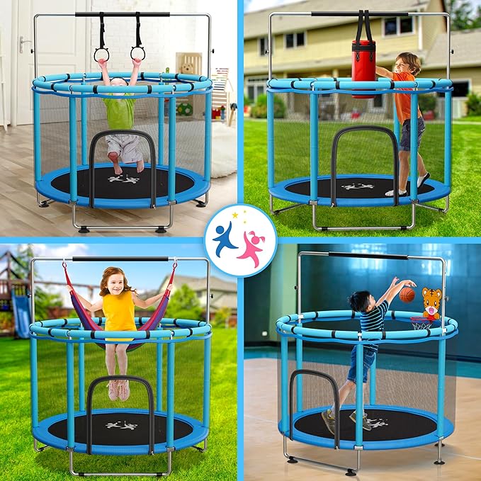 Toddler Trampoline for Kids Ages 3-8 - 5 ft Toddler Trampoline with Net, Basketball Hoop, Ocean Balls, Boxing Bag, Hammock - Indoor and Outdoor for Kids, Backyard