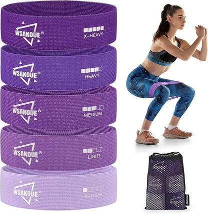WSAKOUE Fabric Resistance Bands for Working Out – 5 Booty Bands for Women & Men, Exercise Workout Bands for Legs, HIPS & Glutes – Ideal for Home Fitness, Yoga, Pilates & Rehab