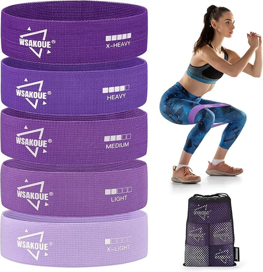 WSAKOUE Fabric Resistance Bands for Working Out – 5 Booty Bands for Women & Men, Exercise Workout Bands for Legs, HIPS & Glutes – Ideal for Home Fitness, Yoga, Pilates & Rehab